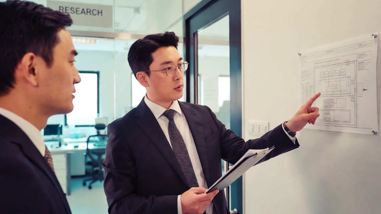 기업부설연구소 설립 컨설팅 현장실사 기업부설연구소 설립 컨설턴트가 의뢰 기업의 연구공간 물적요건을 현장에서 점검하는 이미지